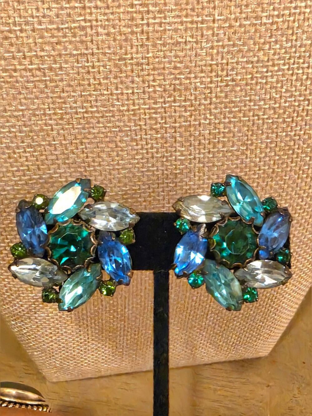 Vintage Weiss Blue & Green Navette Peacock Crystal Cluster  Clip On Earrings